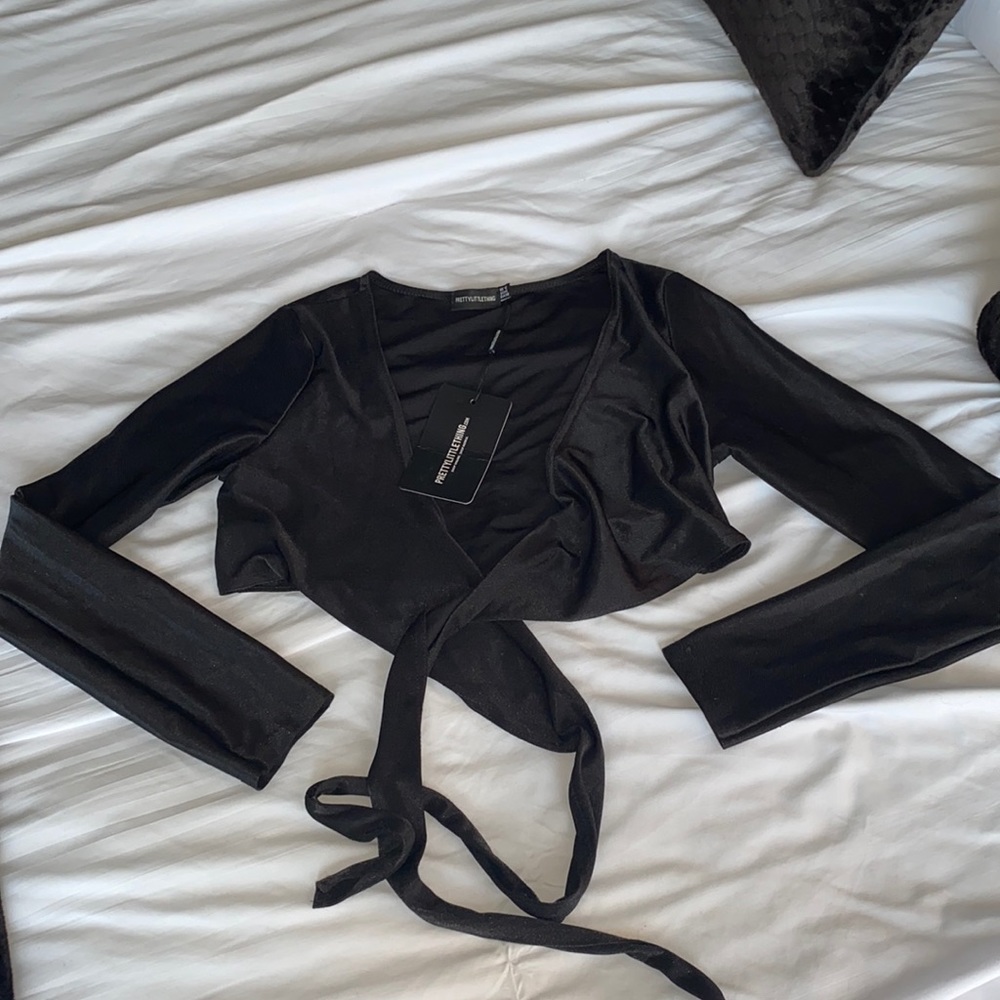 Black slinky tie front long sleeve crop top